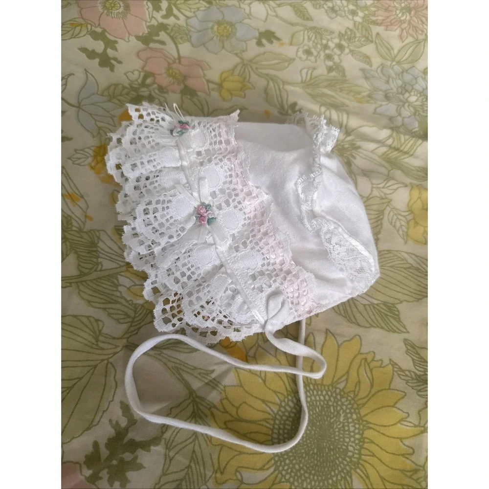 Eyelet Lace White Cotton Baby Bonnet Hook & Loop Chin Strap